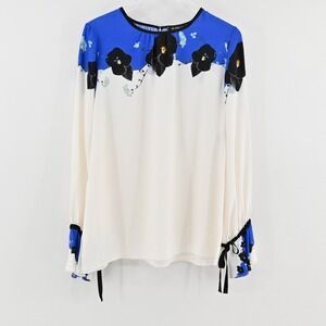 Mi Jong Lee Silk Top Women Size 10 Floral Blue White Long Sleeve Tie Cuff Luxury